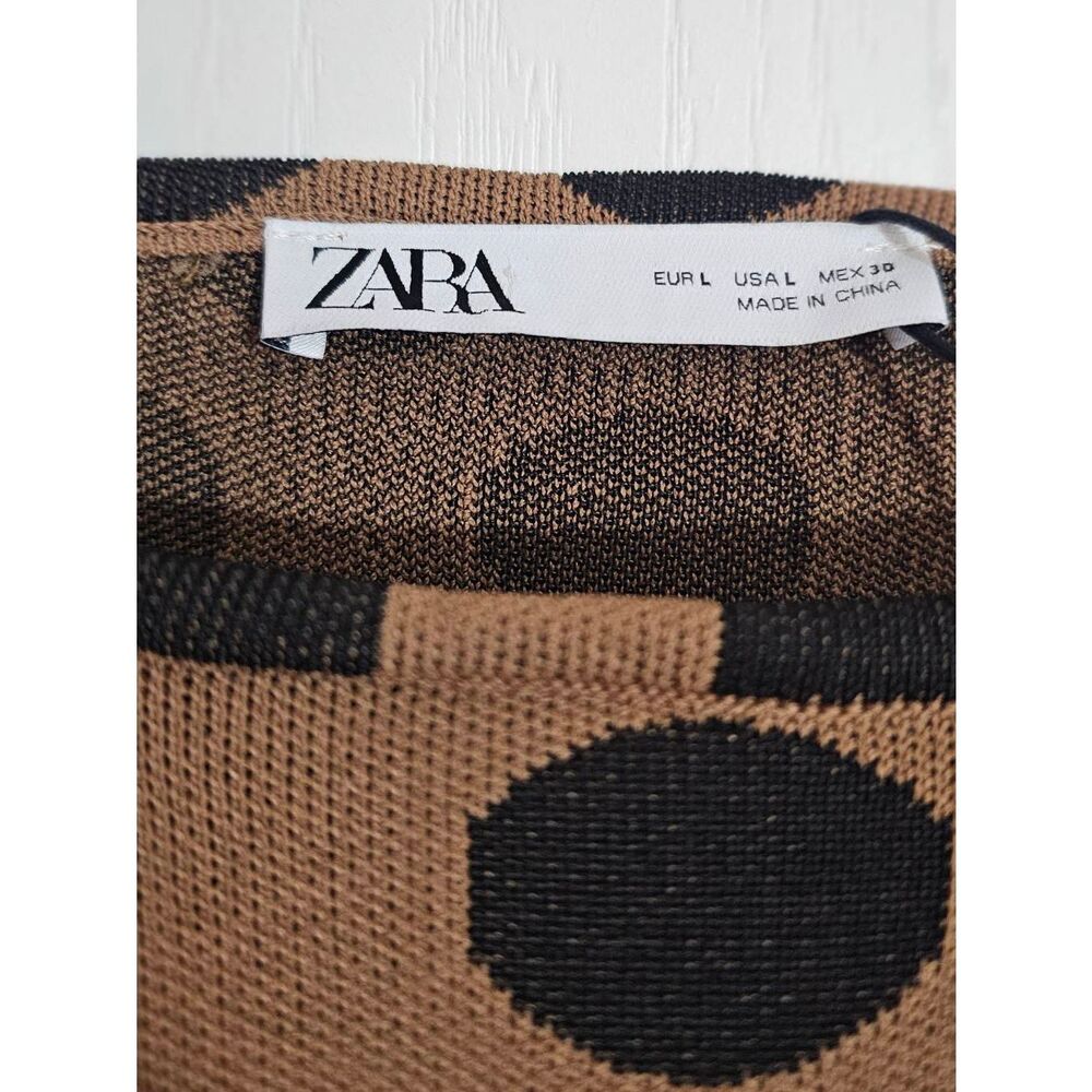 ZARA Tan Jersey Knit Fitted Dress Black Accent Flare Sleeves NWOT Size Large - Picture 9 of 9
